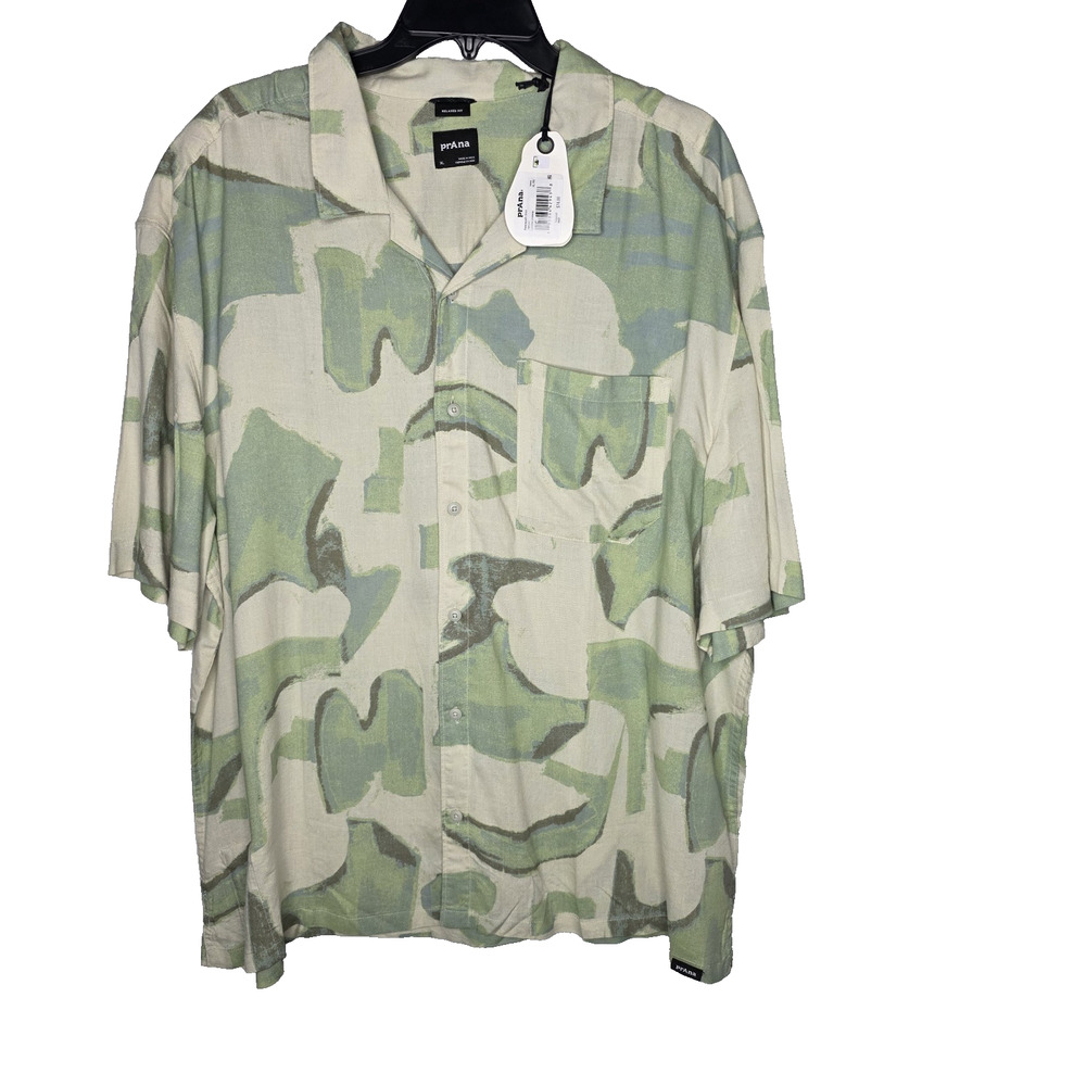 prAna Peacepath Shirt Mens XL Relaxed Hemp Tencel Abstract Green Camp Short